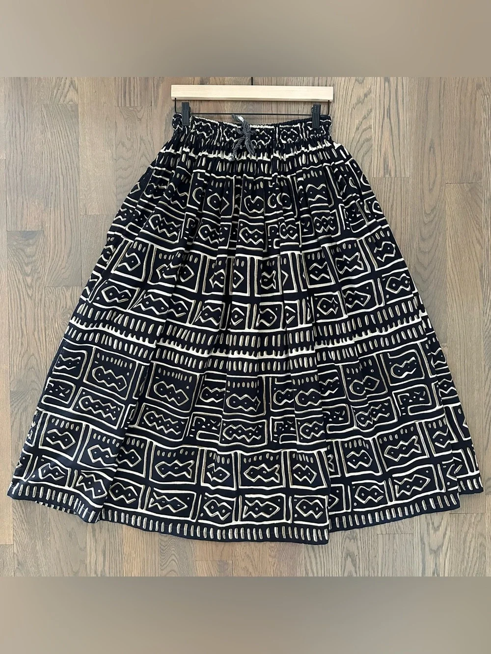 Vintage Bohemian Mudcloth Print A-Line Maxi Skirt Tie Waist Black Multi Large